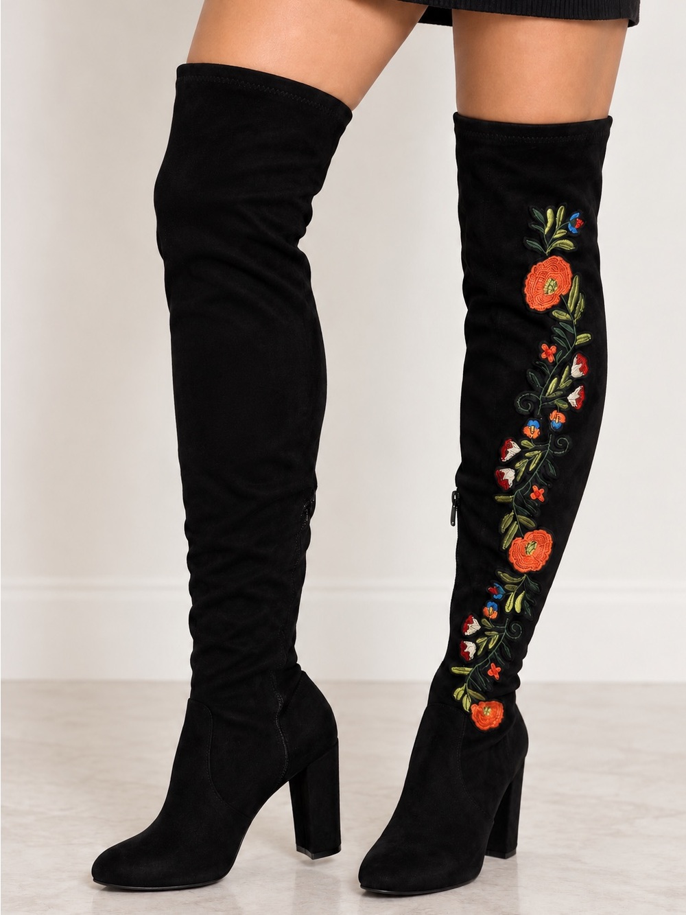Steve Madden Black Over-the-Knee Boots with Orange Floral Embroidery